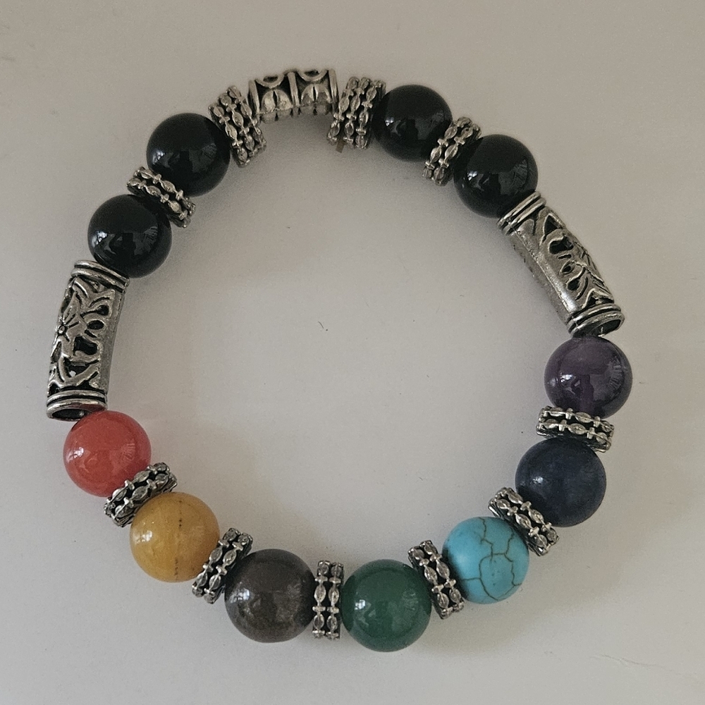 colorful beaded western silver tone stretch bracelet